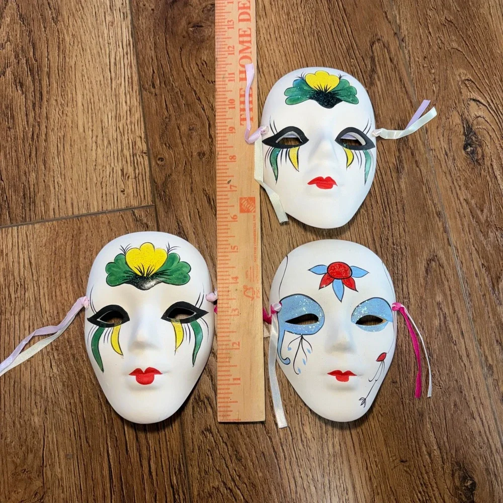 Vintage Hand Painted Ceramic Harlequin Masks Set of 3 Glitter Ribbon Decor 5.5in